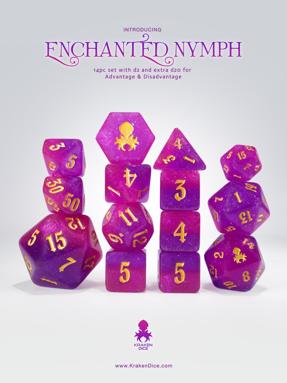 Enchanted Nymph 14 pc - Limited Run - Gold Ink Dice Set - Bards & Cards