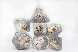 Skull and Silver Glitter RPG Dice Set - Bards & Cards