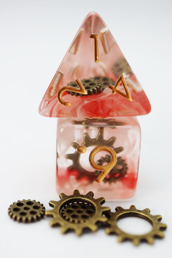 Red Swirl Ancient Gear RPG Dice Set - Bards & Cards