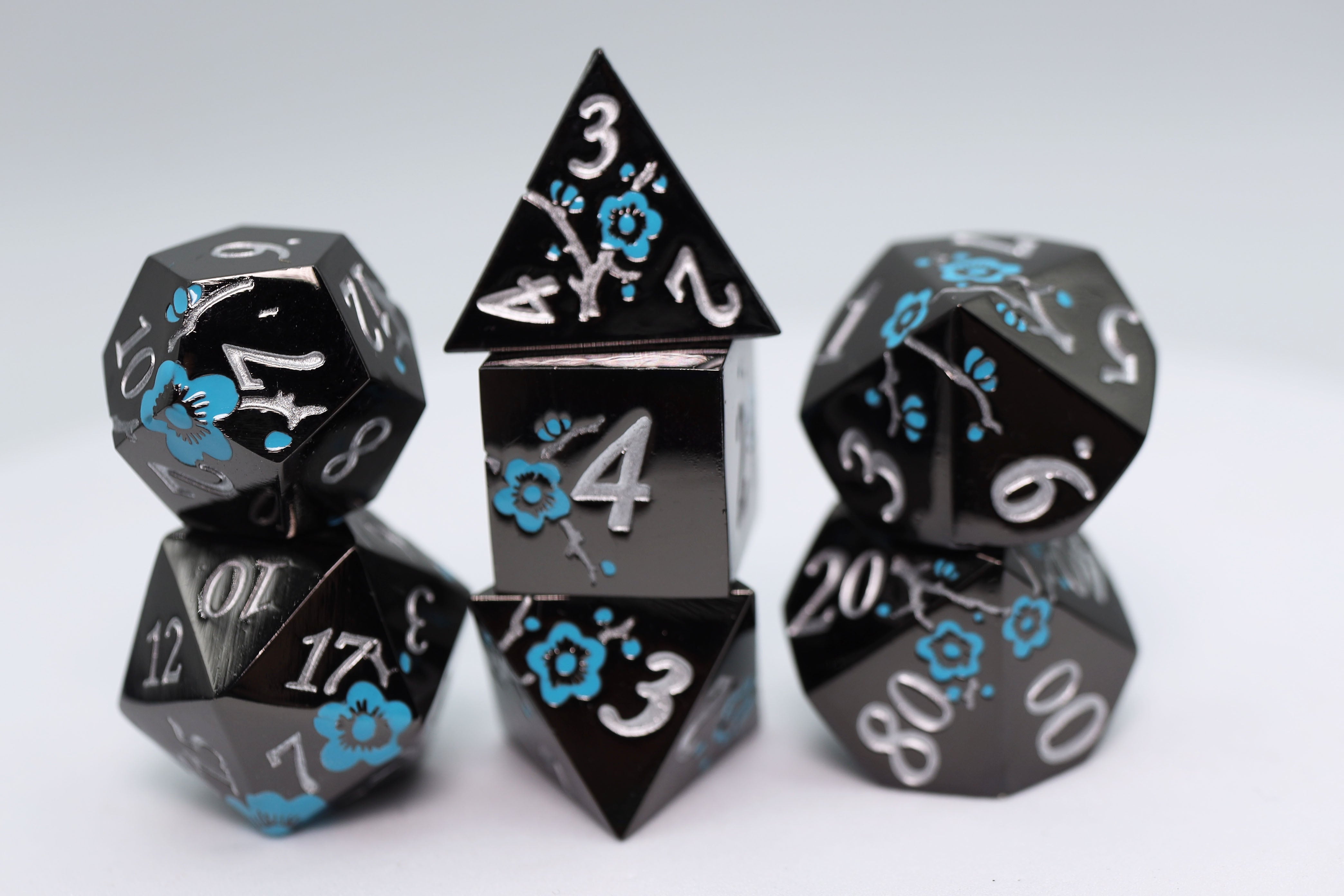 Metallic Bouquet: Black with Blue Orchids - Metal RPG Dice Set - Bards & Cards