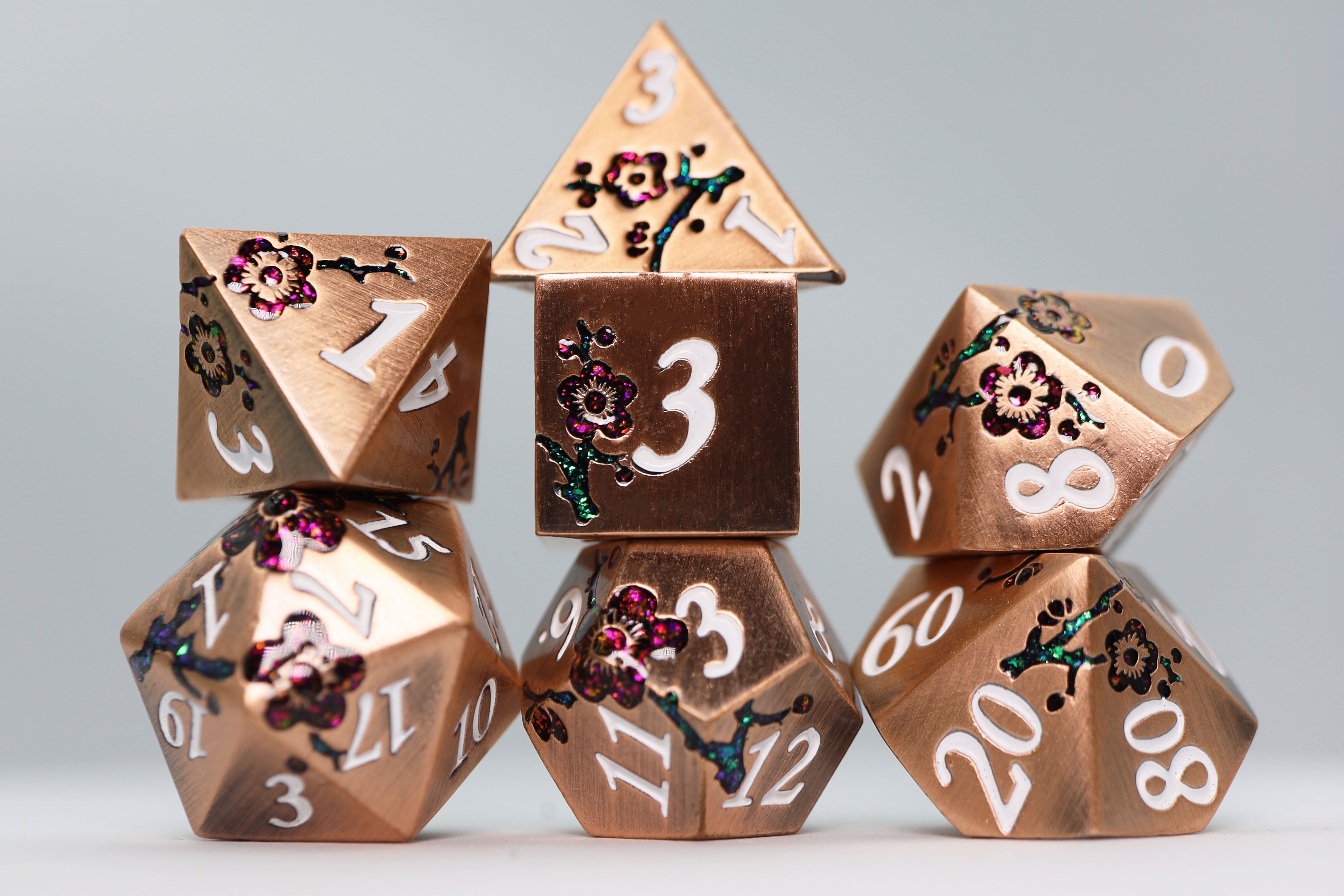 Metallic Bouquet: Copper with Red Orchids - Metal RPG Dice Set - Bards & Cards