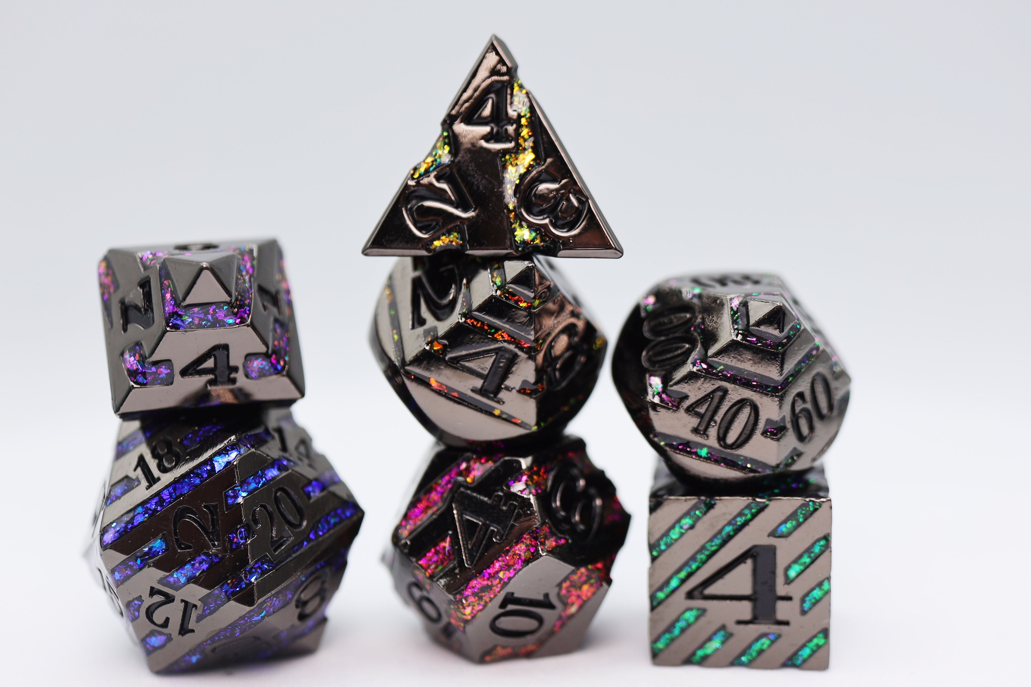 Into the Mines: Black with Rainbow Mica - Metal RPG Dice Set - Bards & Cards