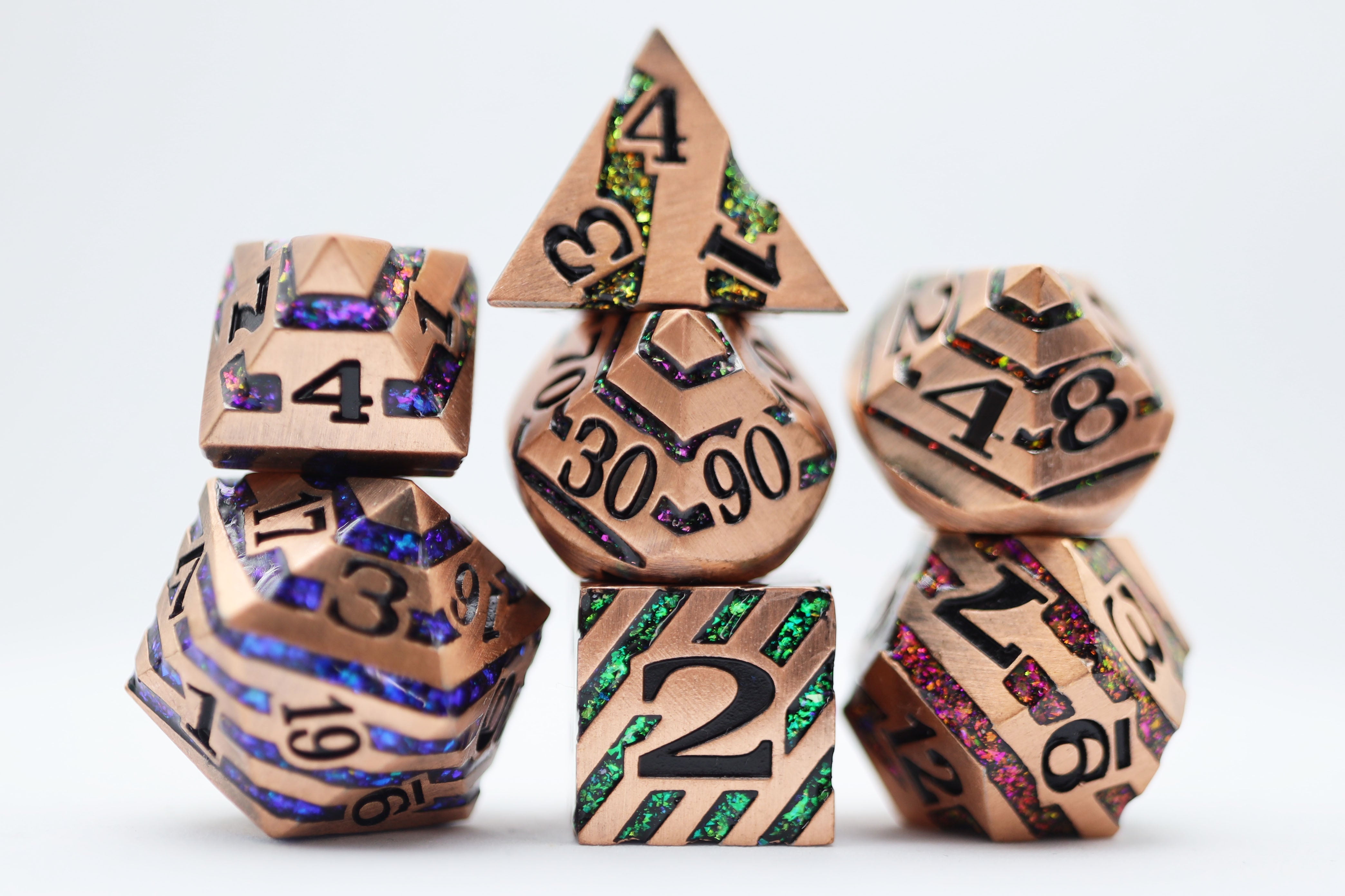 Into the Mines: Copper with Rainbow Mica - Metal RPG Dice Set - Bards & Cards