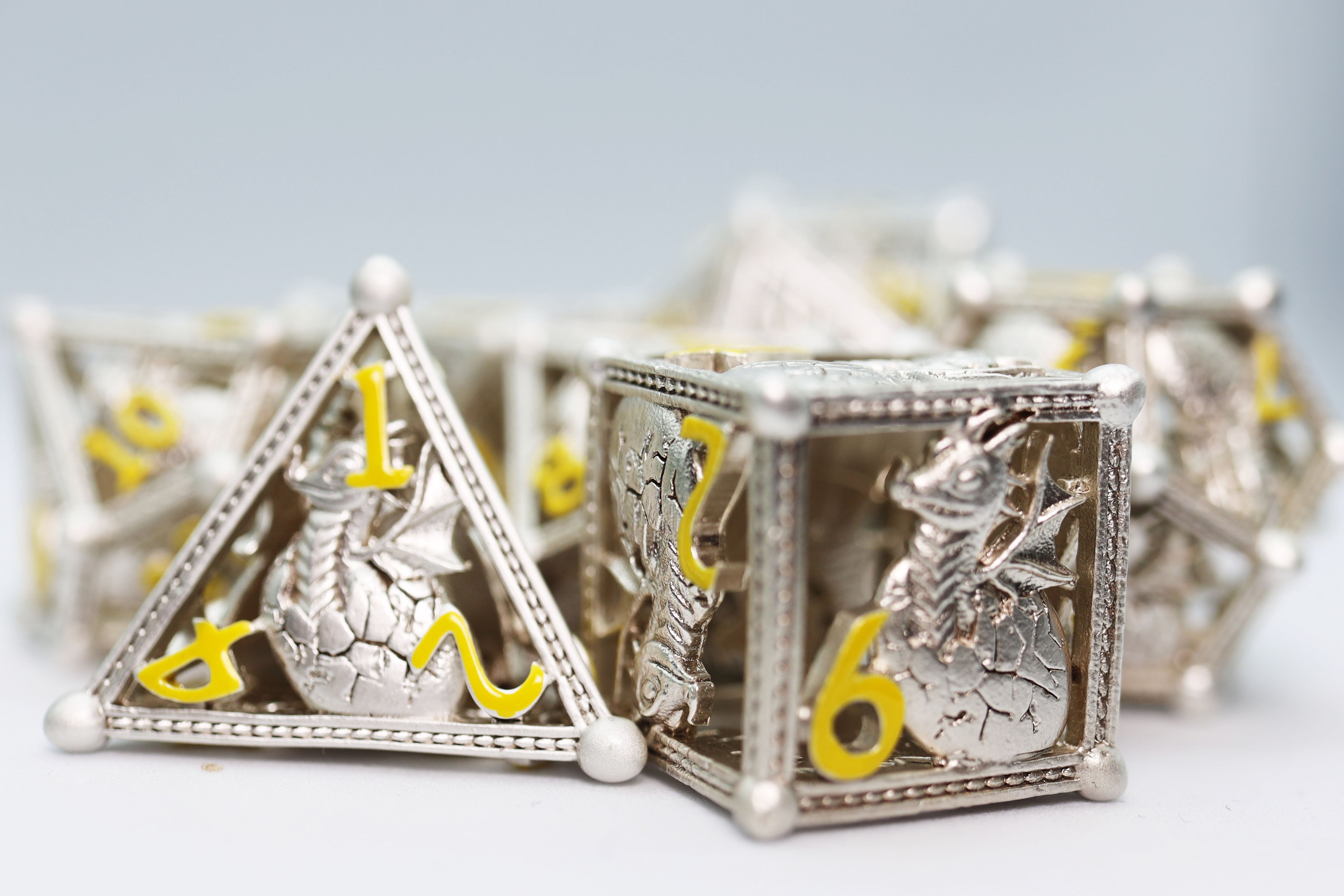 Silver Hatching Dragon - Hollow Metal RPG Dice Set - Bards & Cards