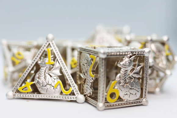 Silver Hatching Dragon - Hollow Metal RPG Dice Set - Bards & Cards
