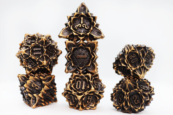 Floral Starburst: Gilded Goldenrod - Metal RPG Dice Set - Bards & Cards