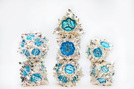 Floral Starburst: Silver Bluebells - Metal RPG Dice Set - Bards & Cards