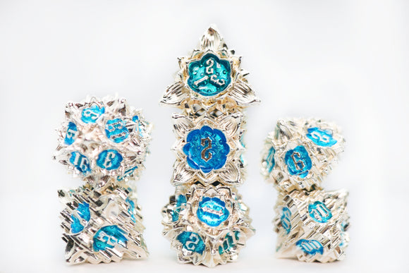Floral Starburst: Silver Bluebells - Metal RPG Dice Set - Bards & Cards
