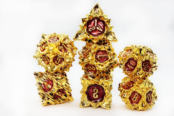Floral Starburst: Carmine Canna - Metal RPG Dice Set - Bards & Cards