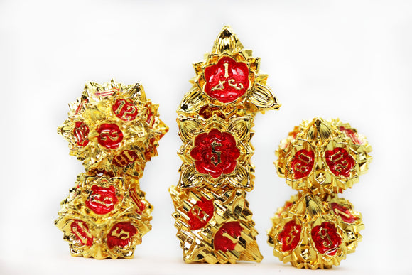 Floral Starburst: Ruby Rose - Metal RPG Dice Set - Bards & Cards