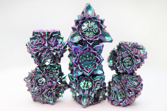 Floral Starburst: Mystic Marigold - Metal RPG Dice Set - Bards & Cards