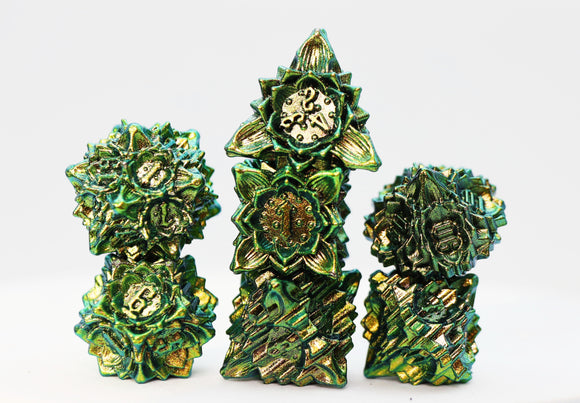Floral Starburst: Frosted Undergrowth - Metal RPG Dice Set - Bards & Cards