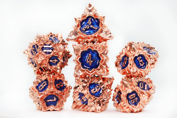 Floral Starburst: Copper Cornflower - Metal RPG Dice Set - Bards & Cards