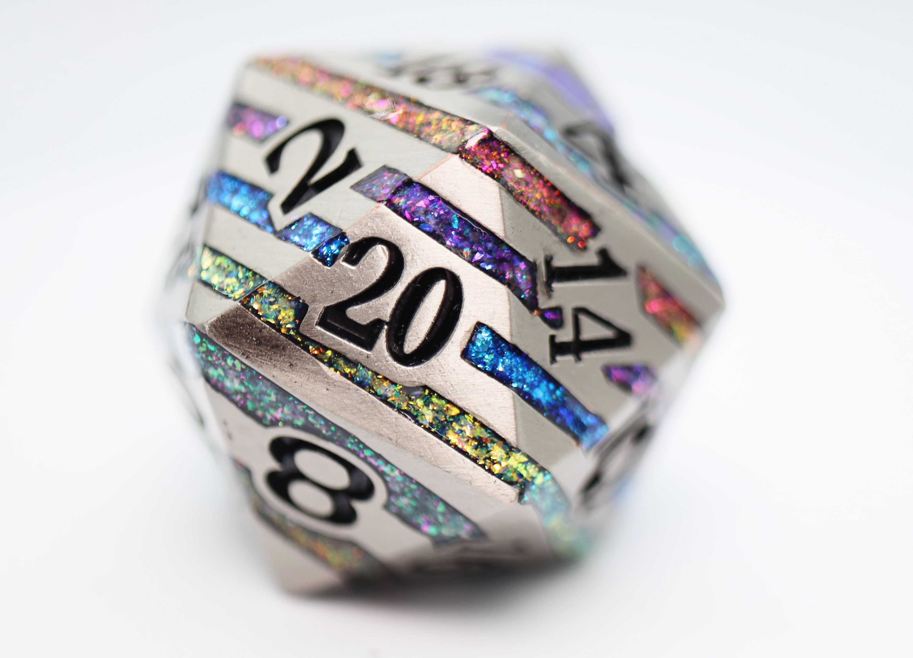 35mm Metal D20 - Silver with Rainbow Mica - Bards & Cards
