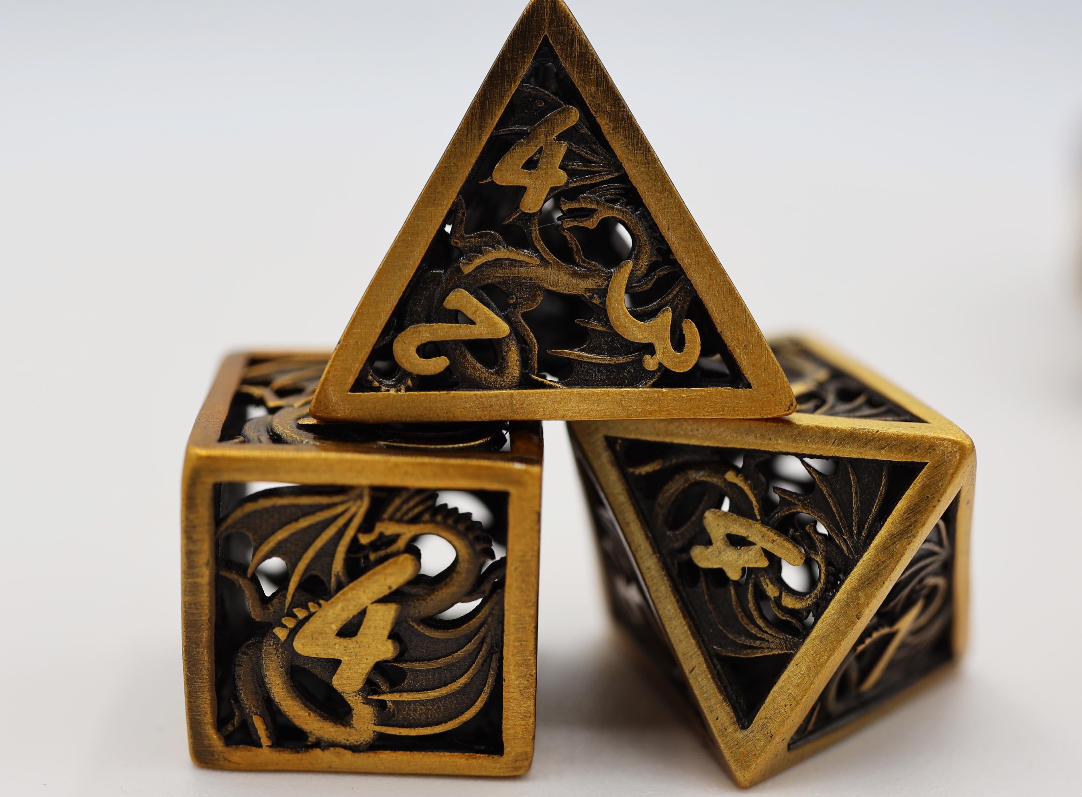 Dragon Essence: Gold - Hollow Metal RPG Dice Set - Bards & Cards