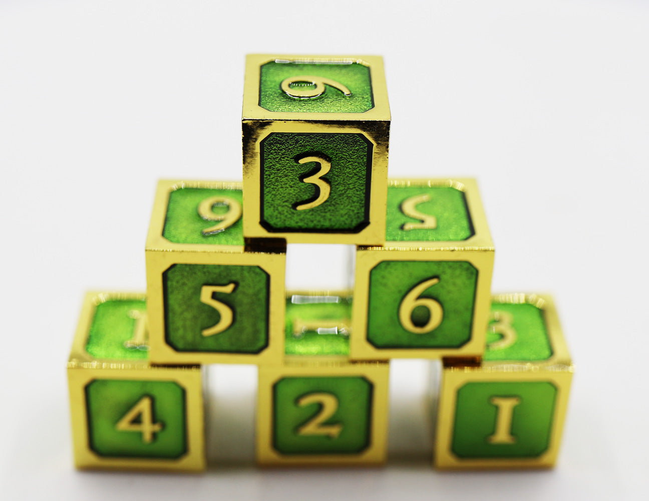6 piece Metal D6's - Green and Gold - Bards & Cards