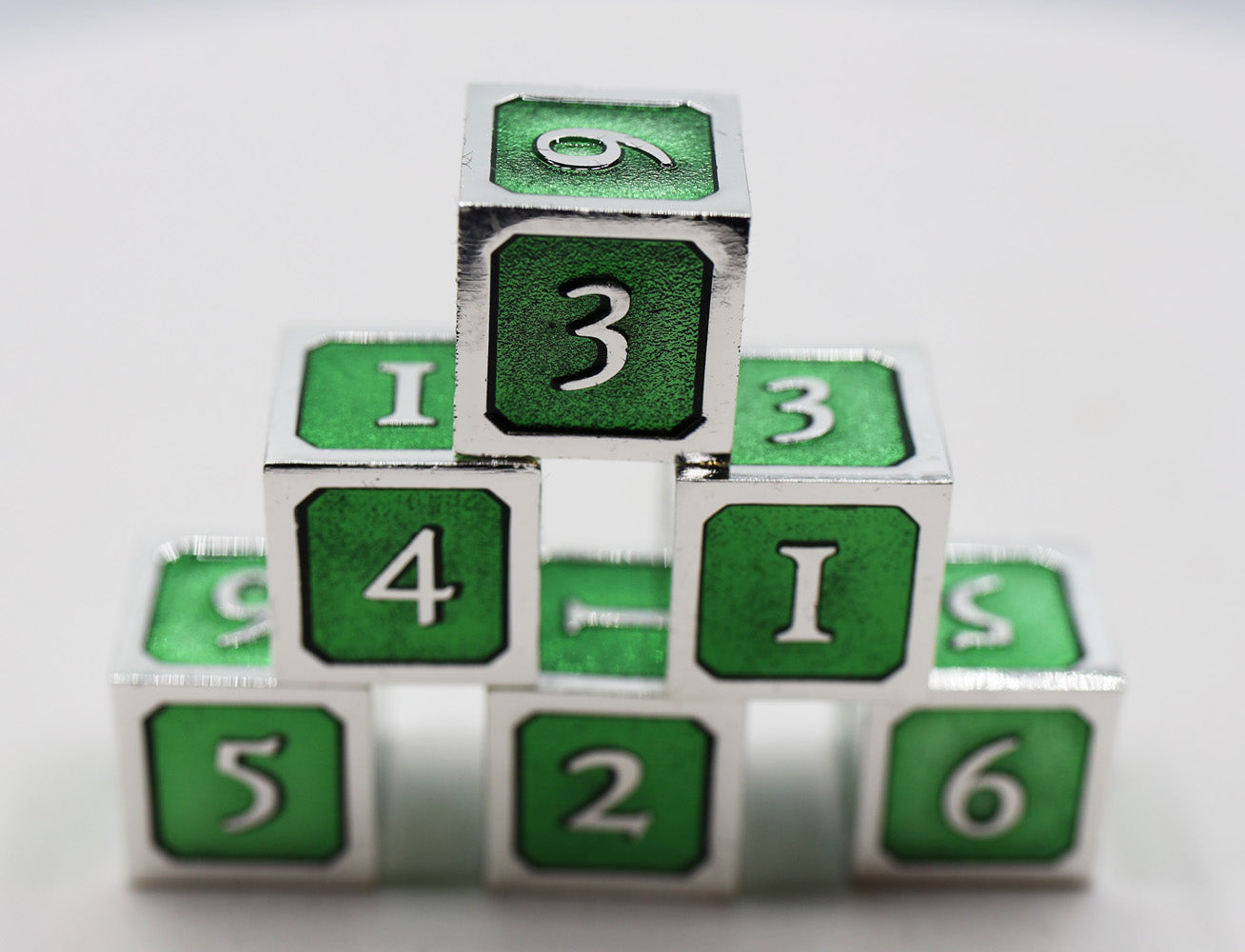 6 piece Metal D6's - Green and Silver - Bards & Cards