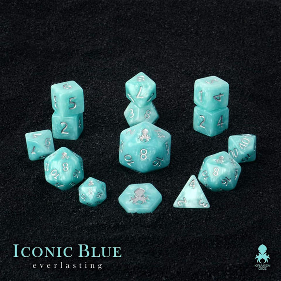 Kraken Dice - Iconic Blue: Everlasting 14pc Polyhedral Dice Set - Bards & Cards
