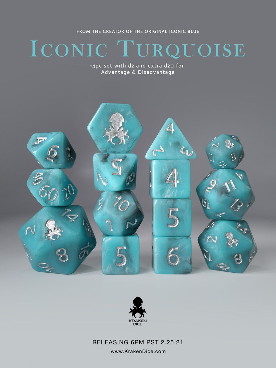 14 pc Iconic Turquoise Polyhedral Dice Set with Silver Ink - Bards & Cards