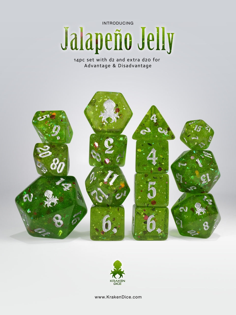 Jalapeno Jelly 14 pc - Limited Run - Silver Ink Dice Set - Bards & Cards