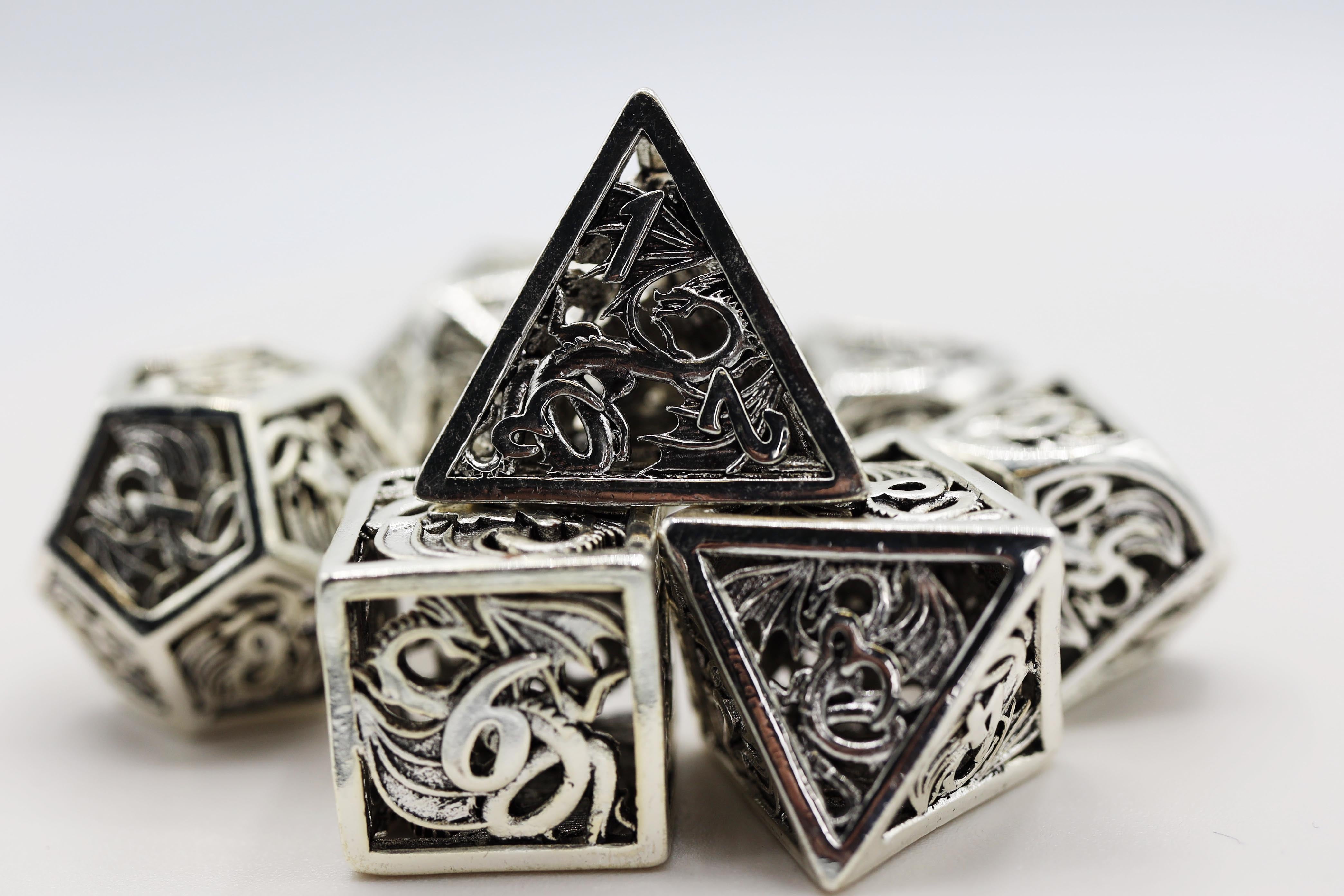 Dragon Essence: Mithril - Hollow Metal RPG Dice Set - Bards & Cards