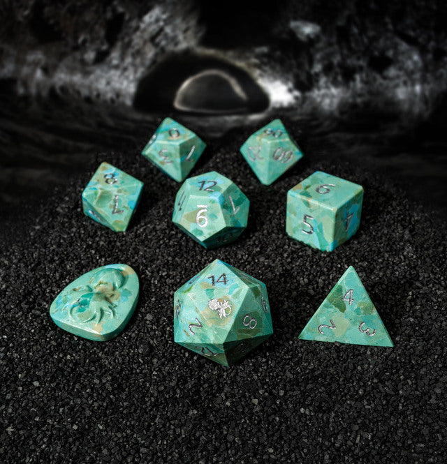 Kraken Dice - Reconstituted Green Turquoise Semi-Precious 8 pc Glass Dice Set - Bards & Cards