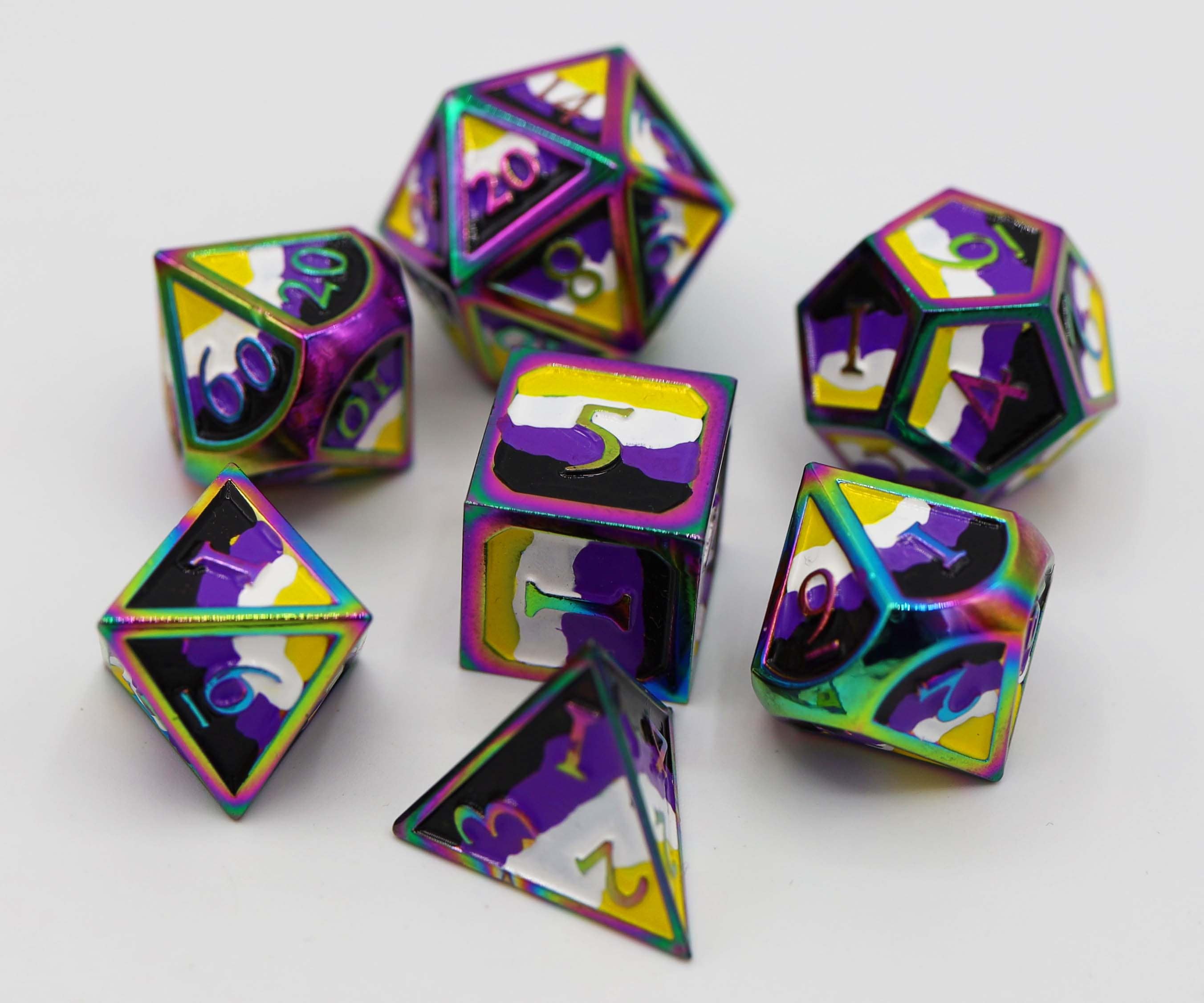 Nonbinary Pride Flag - Metal RPG Dice Set - Bards & Cards