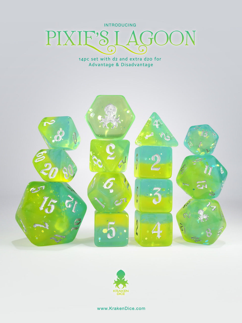 Pixie's Lagoon 14pc - Limited Run - Silver Ink Dice Set - Bards & Cards