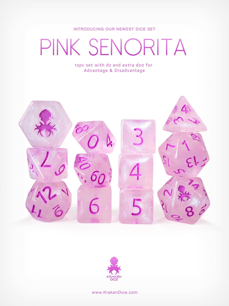 Pink Senorita 12 pc Glitter RPG Dice Set - Bards & Cards