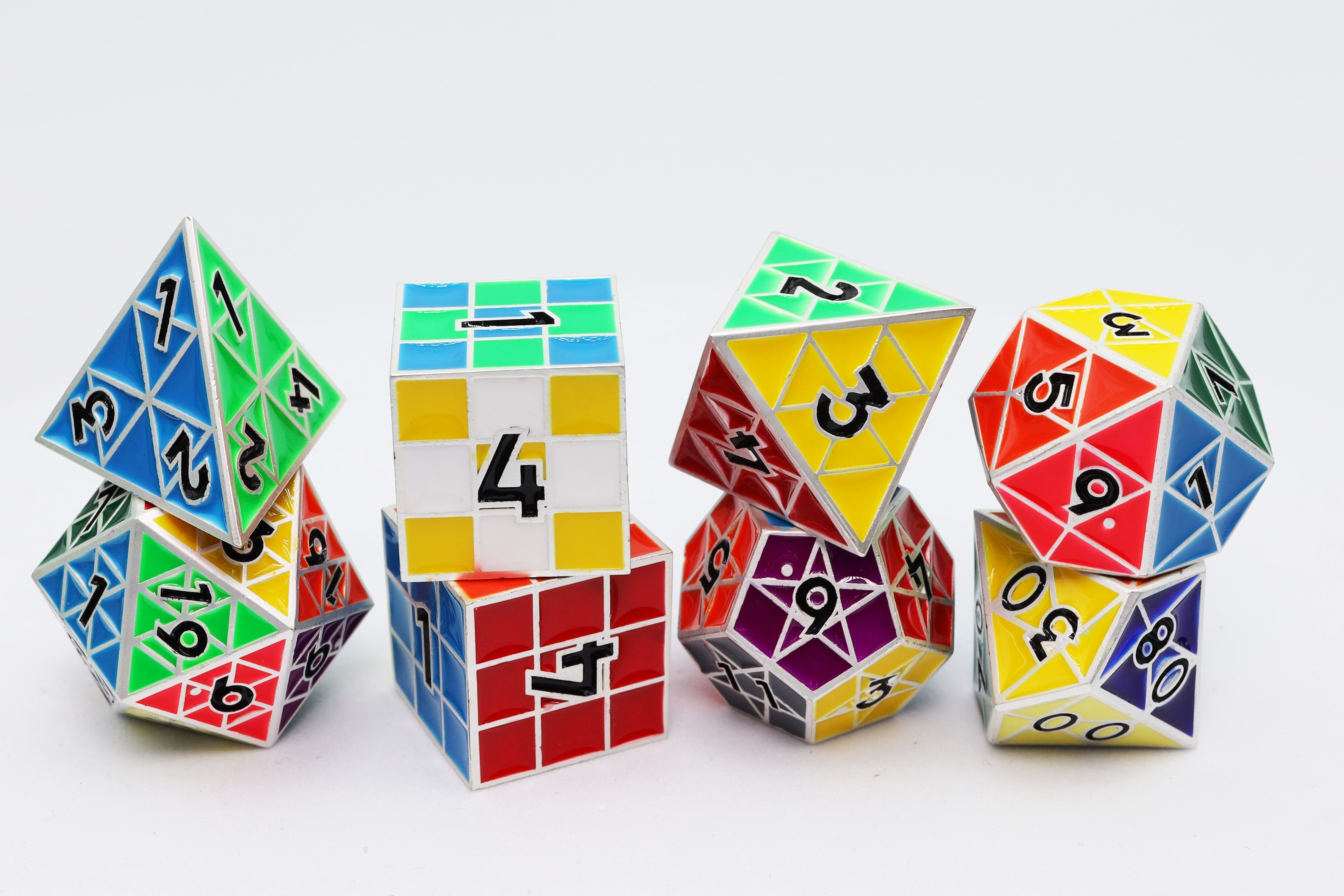 Puzzle Cube: Silver - Metal 8 piece Dice Set - Bards & Cards