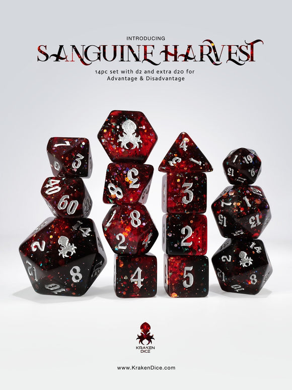 Sanguine Harvest 14pc - Limited Run - Silver Ink Dice Set - Bards & Cards