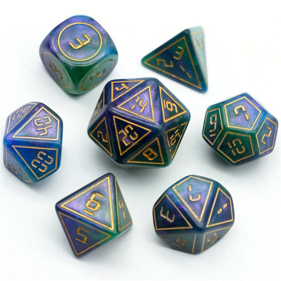 Cybernated Purple & Green RPG Dice Set - XLarge - Bards & Cards