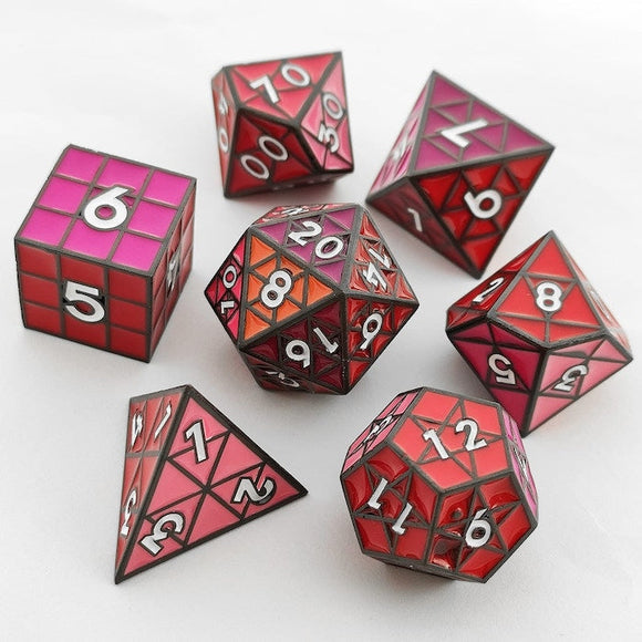 Puzzle Cube: Shades of Red - Metal 8 piece Dice Set - Bards & Cards
