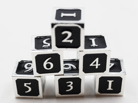 6 piece Metal D6's - Black and Silver - Bards & Cards