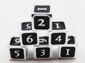 6 piece Metal D6's - Black and Silver - Bards & Cards