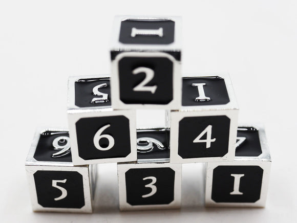 6 piece Metal D6's - Black and Silver - Bards & Cards