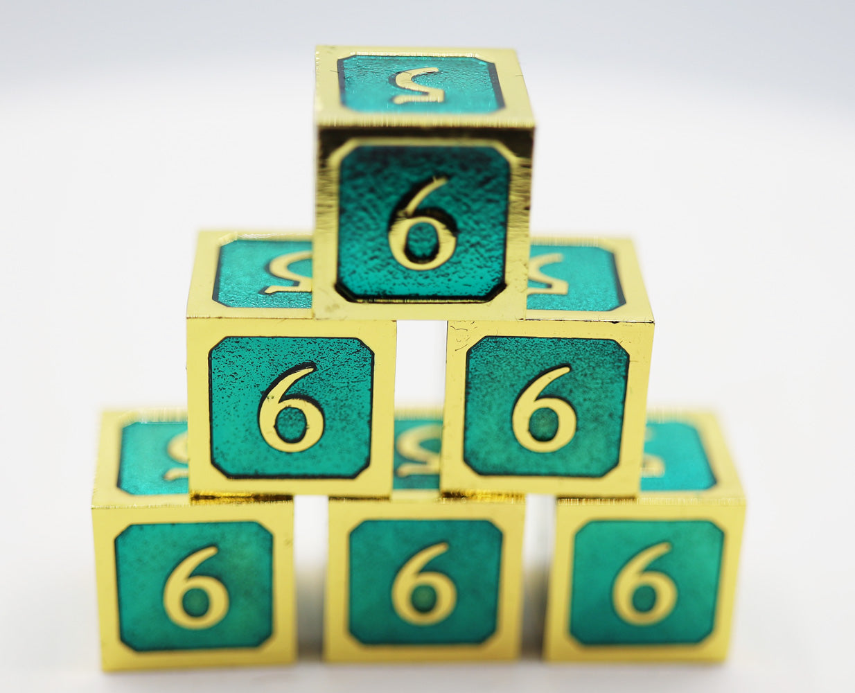 6 piece Metal D6's - Teal and Gold - Bards & Cards