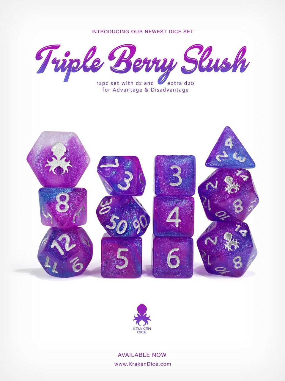 Kraken's Triple Berry Slush Rock Candy 12 pc Polyhedral Dice Set - Bards & Cards