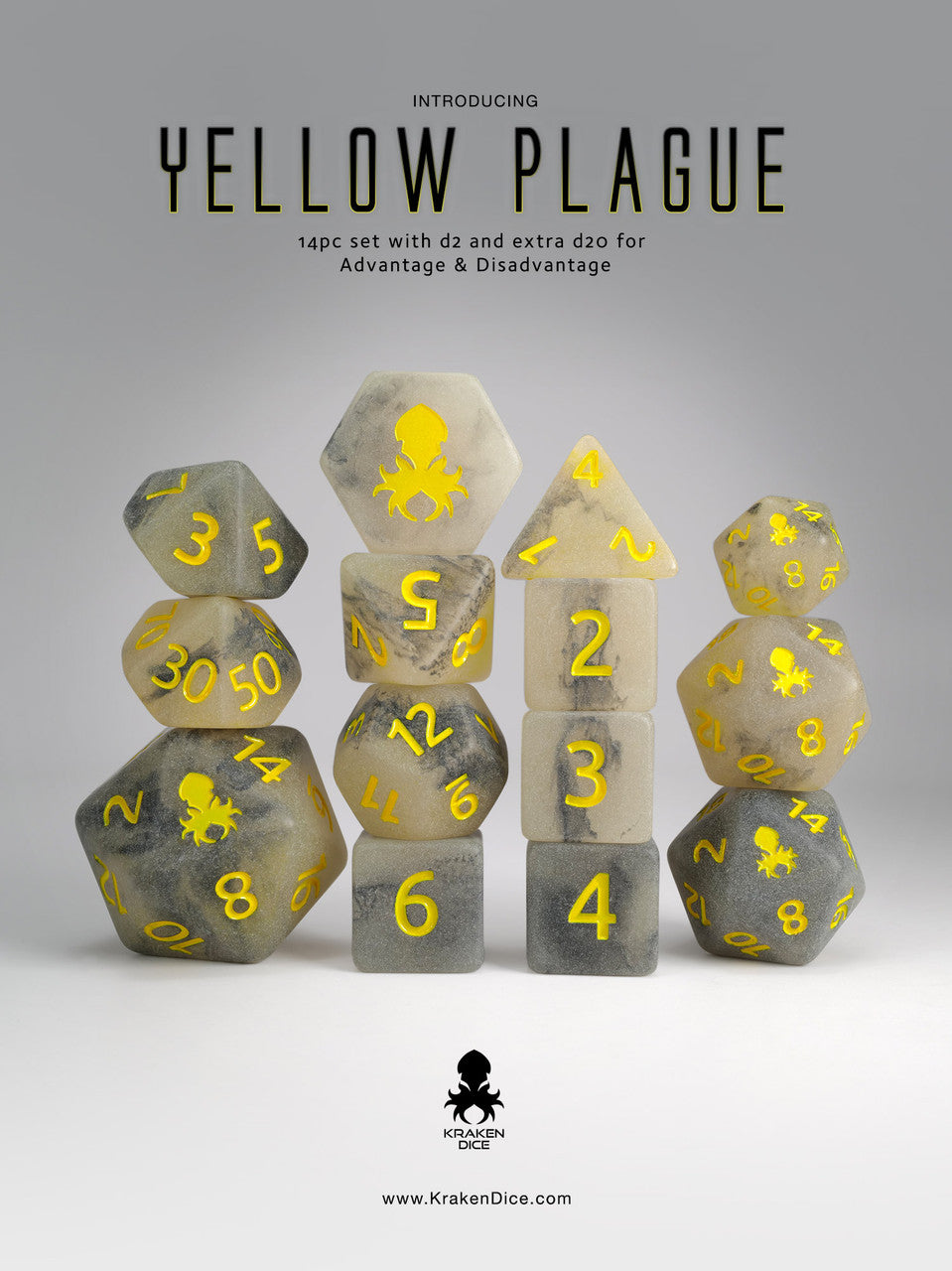Kraken Dice Yellow Plague Glow in the Dark 14 pc Dice Set - Bards & Cards