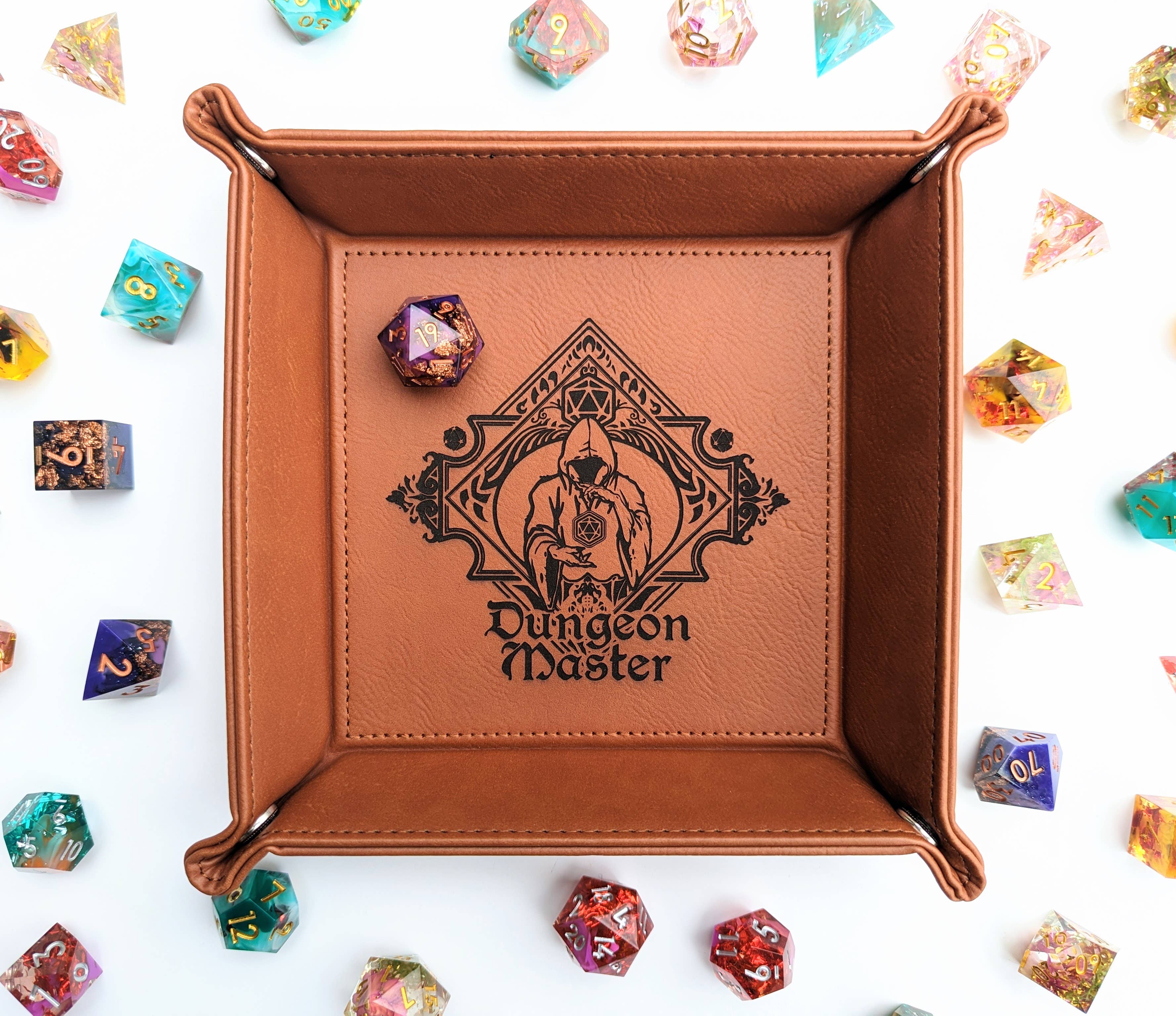 NTSD Gaming and Bookish Goods - The Fate Twister - D&D Vegan Leather Dice Rolling Tray - Bards & Cards