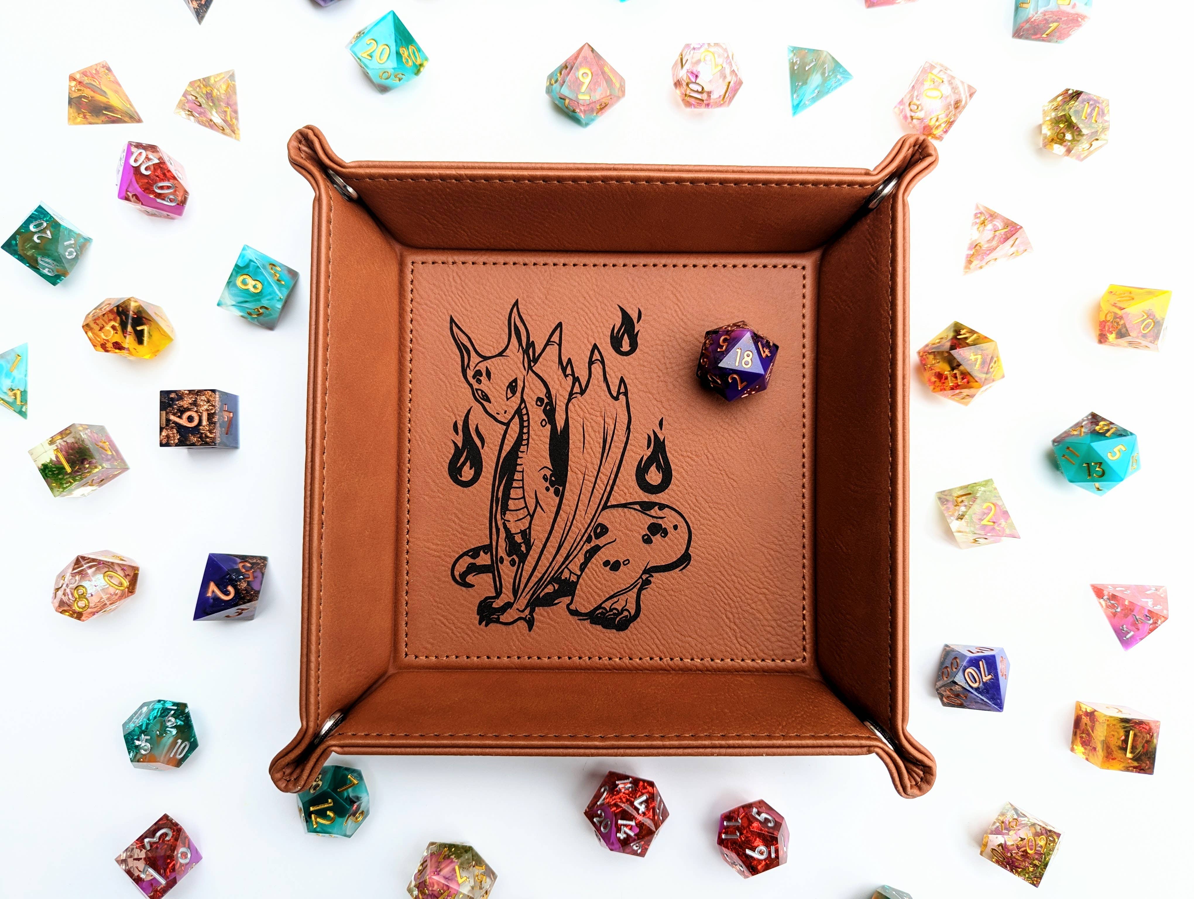 NTSD Gaming and Bookish Goods - Wyrmling Wondering - Vegan Leather Dice Rolling Tray - Bards & Cards