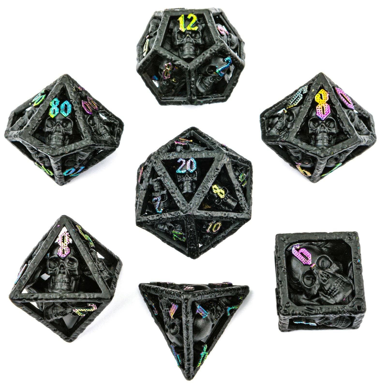 HY00162 Skull's Grin Hollow Metal Dice Set - Black with Chromatic - Bards & Cards