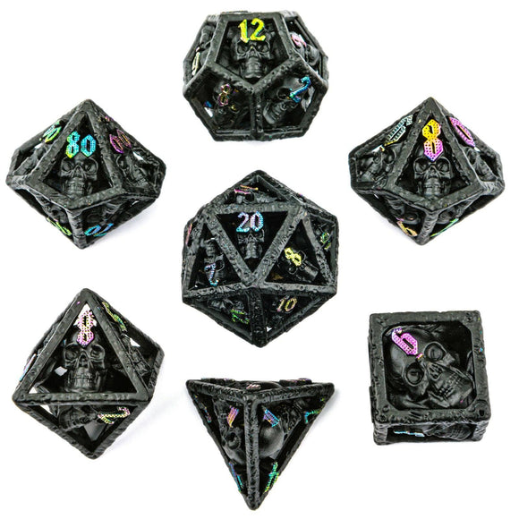 HY00162 Skull's Grin Hollow Metal Dice Set - Black with Chromatic - Bards & Cards