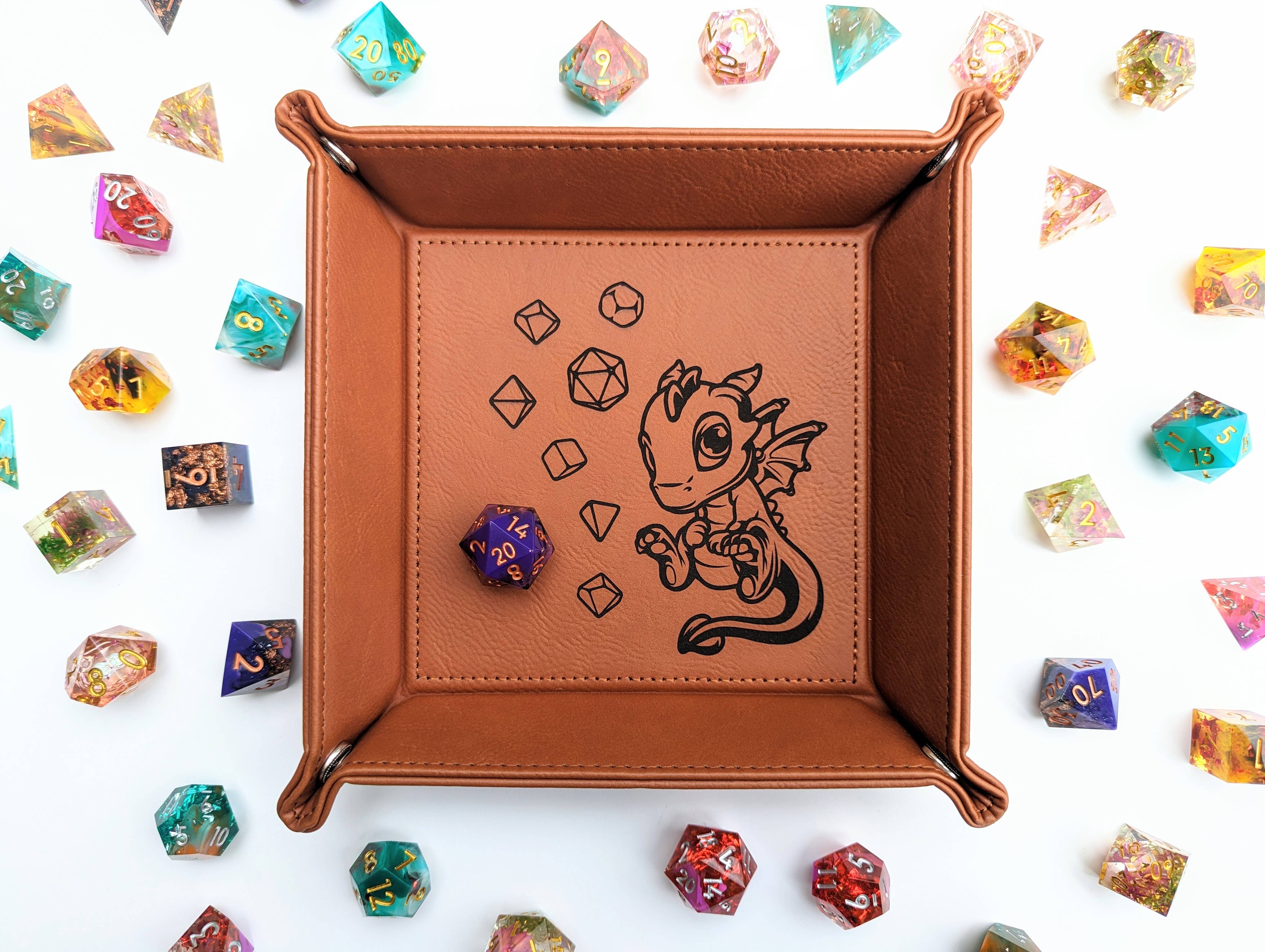 NTSD Gaming and Bookish Goods - Adoragon - D&D - Vegan Leather Dice Rolling Tray - Bards & Cards