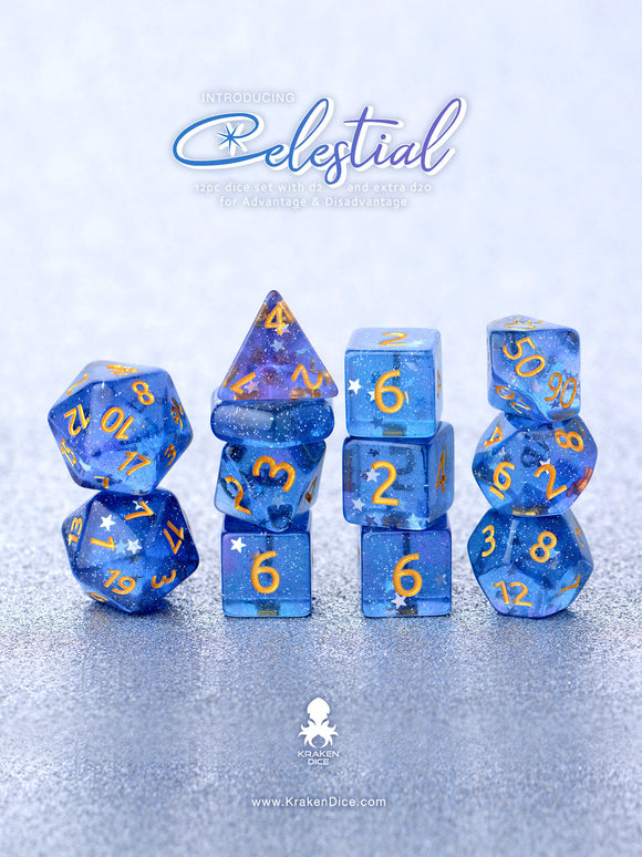 Kraken Dice Celestial 14pc Gold Ink Dice Set with Kraken Logo - Bards & Cards