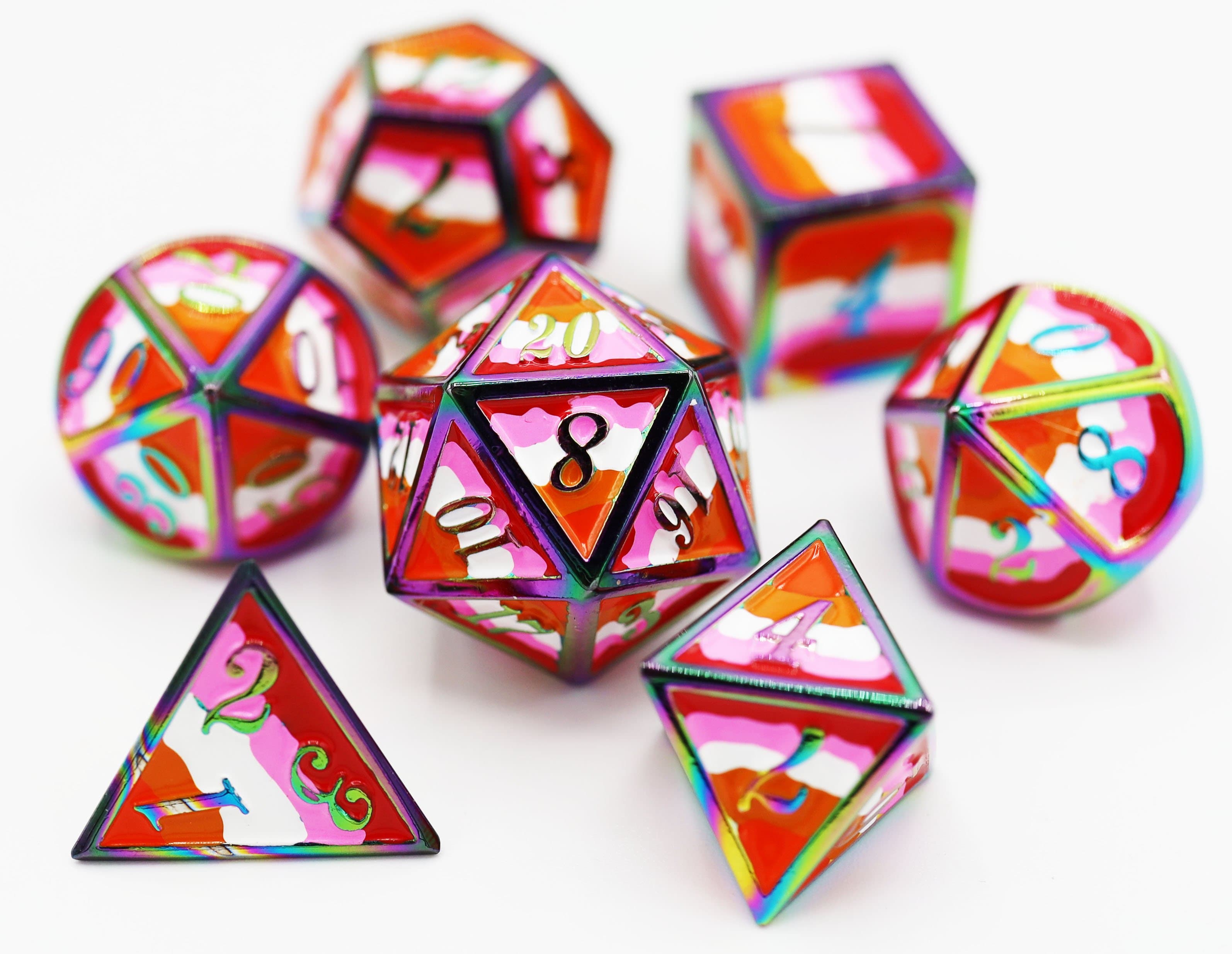 Lesbian Pride Flag - Metal RPG Dice Set - Bards & Cards