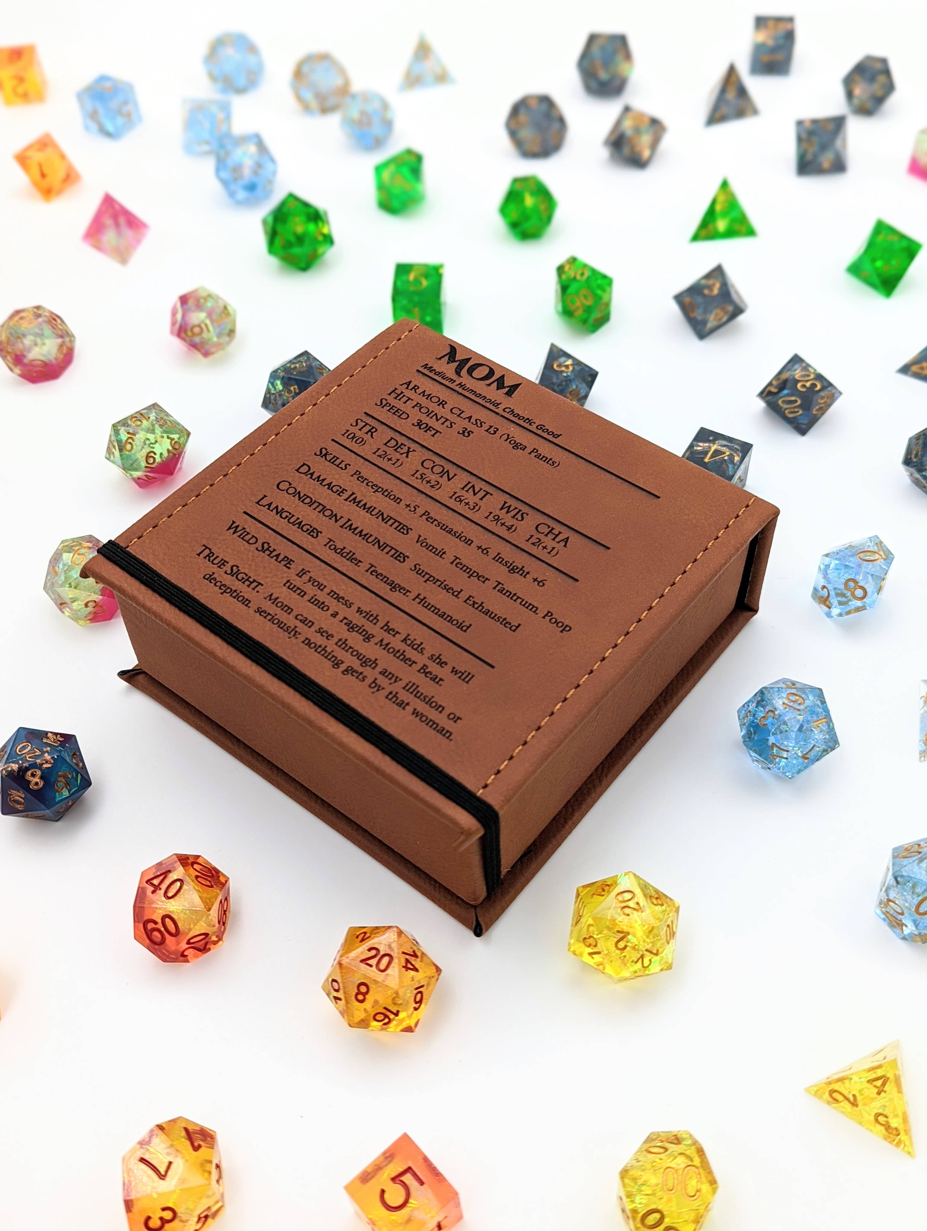 NTSD Gaming and Bookish Goods - *discontinued* Mom Stat Block - D&D - Vegan Leather Dice Box - Bards & Cards
