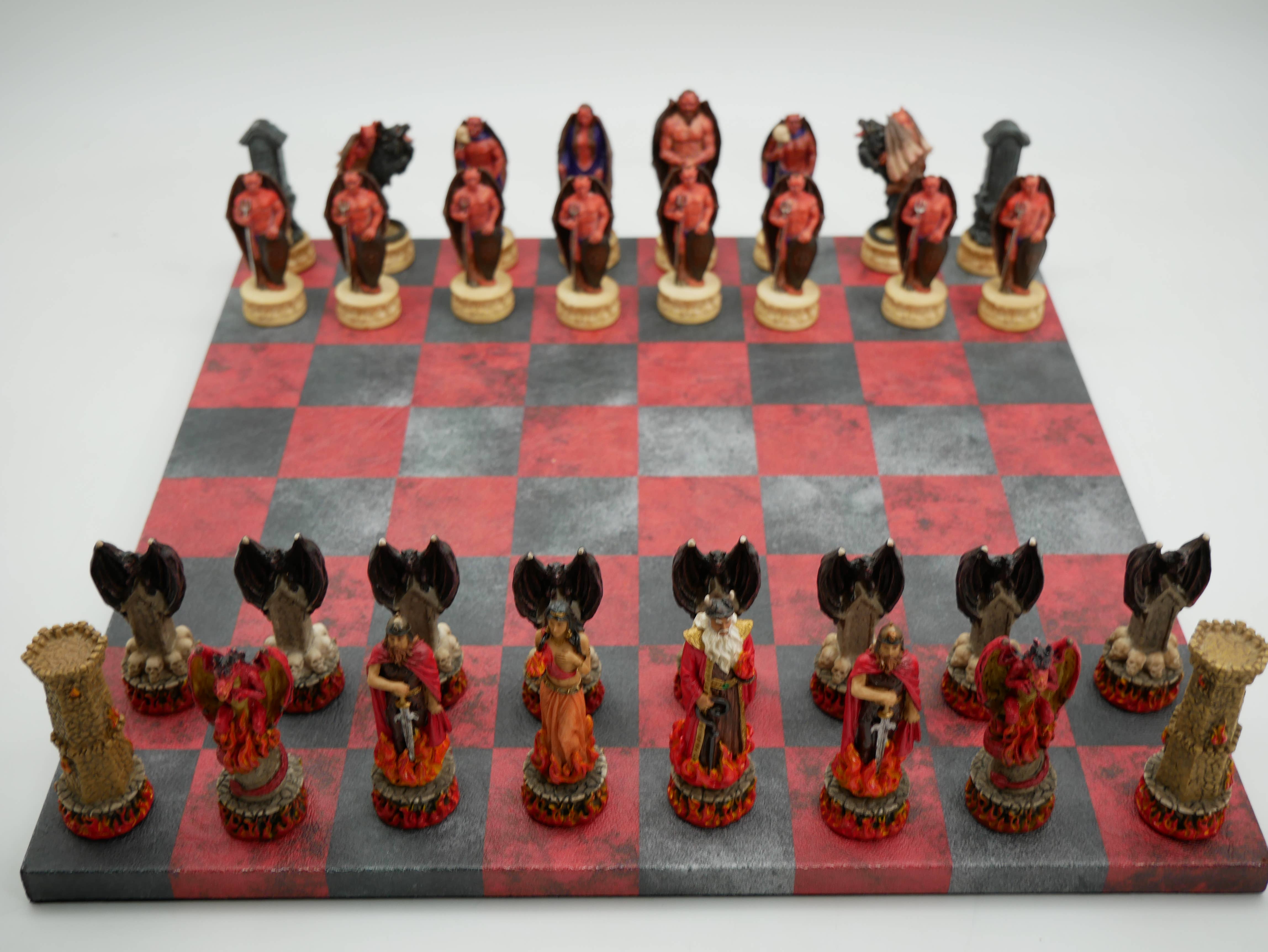 Chess Set - Fire & Dark Devil Men on Red & Black Board - Bards & Cards