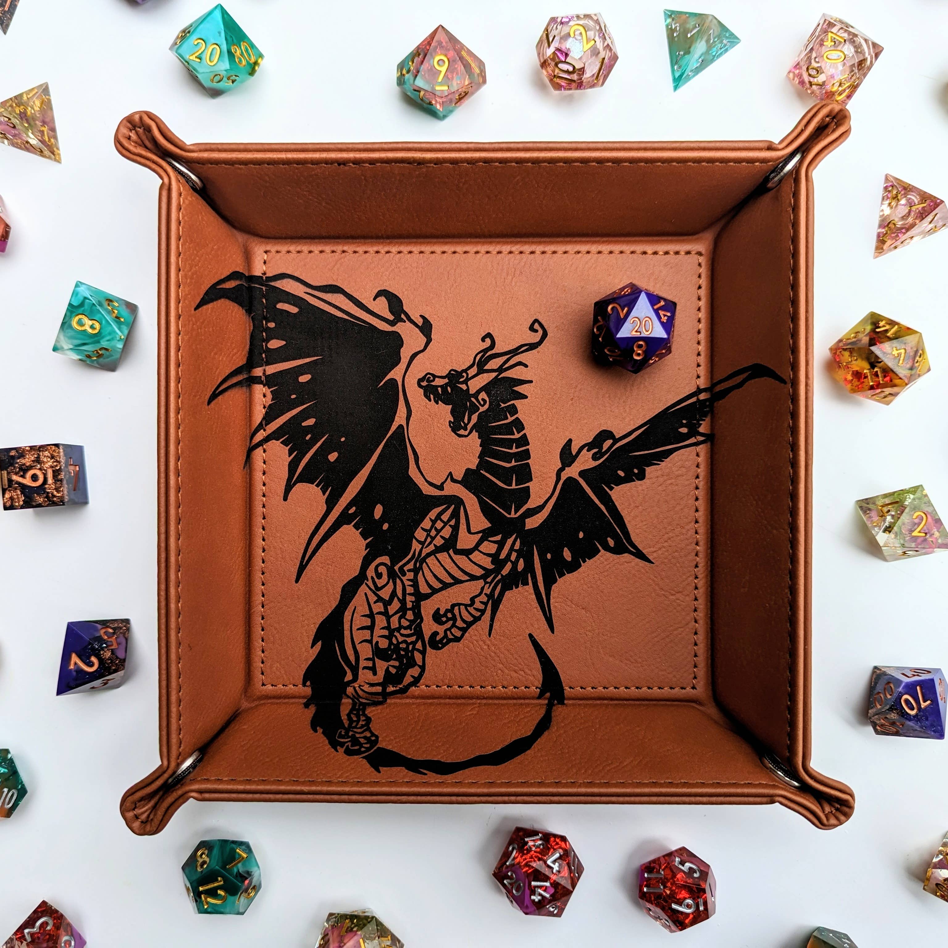 Spawn of Tiamat - D&D Vegan Leather Dice Rolling Tray: Chestnut - Bards & Cards