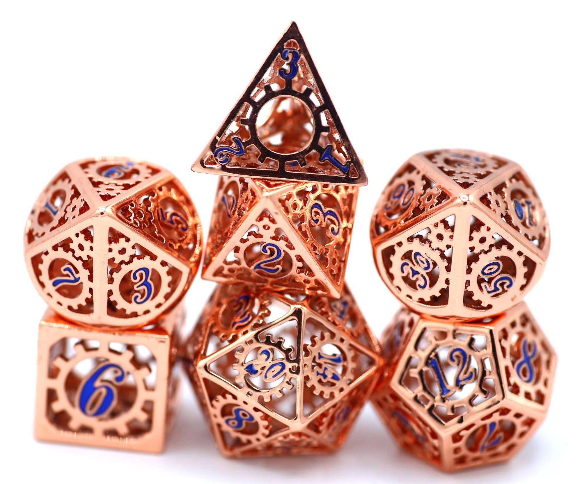 BRS024 Copper with Blue Enamel Hollow Metal Gears of Providence Polyhedral Dice Set - Bards & Cards